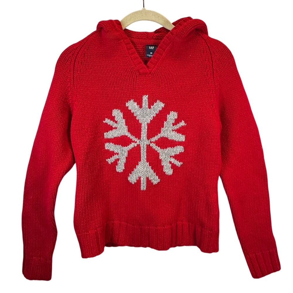 Gap Red 100% Lambswool Snowflake Hooded Sweater XS Holiday Winter Ski Christmas
